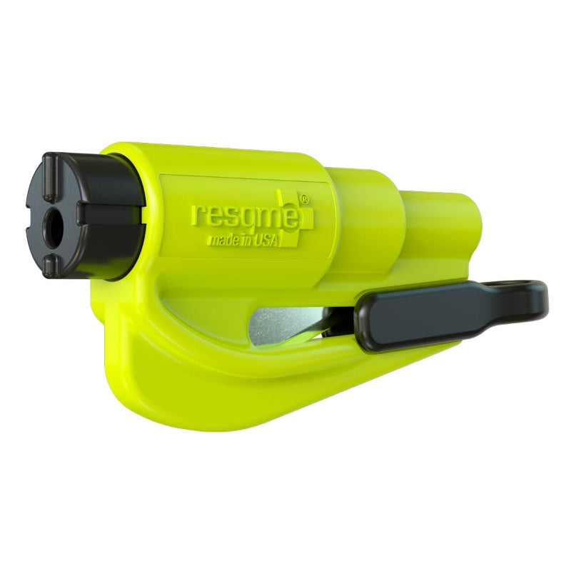 Image of a Resqme keychain car escape tool, bright green with black components, angled front and side view on a white background.