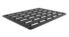 Image of roof rack, black aluminum frame with slatted design, angled top view on white background