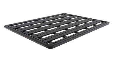Image of roof rack, black aluminum frame with slatted design, angled top view on white background