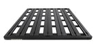 Image of Rhino-Rack roof rack, black aluminum frame with slatted design, angled front and side view on white background