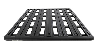 Image of Rhino-Rack roof rack, black aluminum frame with slatted design, angled front and side view on white background