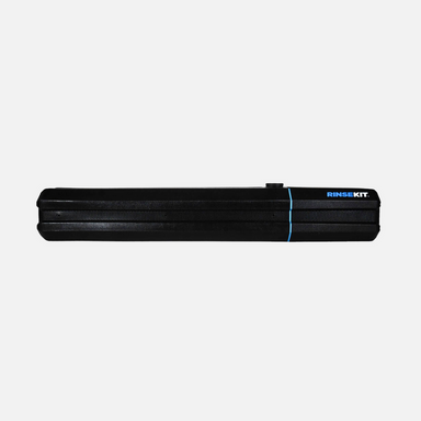 Image of the RinseKit Portable Rack Shower in its closed, compact form, with a textured black casing and a blue light strip and logo on the top, shown on a white background