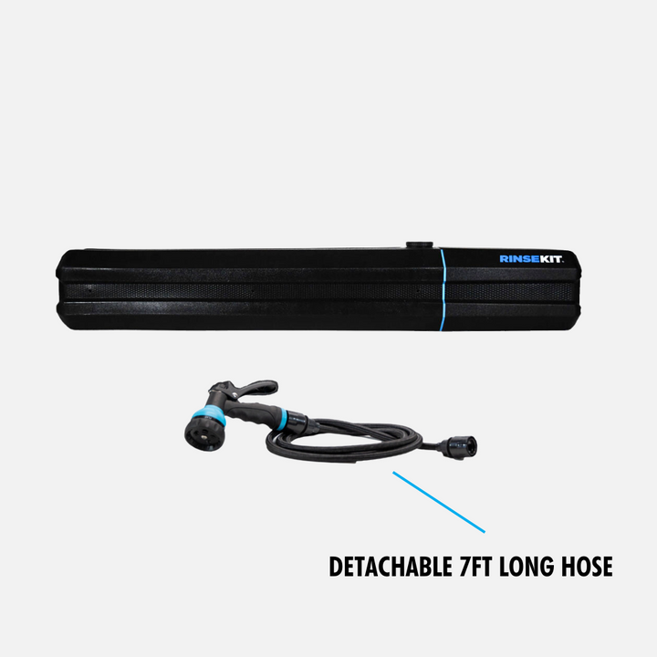 Image of a black RinseKit portable shower, featuring a detachable 7-foot long hose with an adjustable spray nozzle. The kit and hose are shown against a light gray background