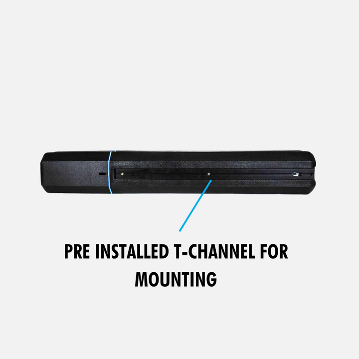 Image of the RinseKit Portable Rack Shower unit from the side, showing its pre-installed T-channel for mounting, a black rectangular shape with a subtle blue stripe, on a white background