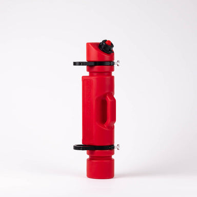 Red RollPaX container with a black spout and two black mounting rings, standing upright on a white background.
