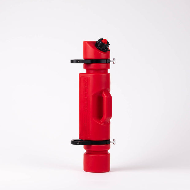 Red RollPaX container with a black spout and two black mounting rings, standing upright on a white background.