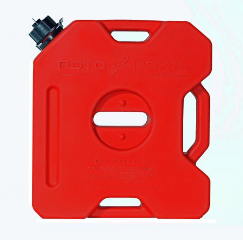 Image of RotopaX 1.75 Gallon Gasoline fuel container, red compact can with black spout cap and integrated side handle, front view on white background.