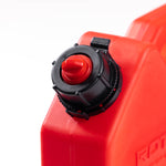 Image of RotopaX 1.75 Gallon Gasoline fuel container spout cap, close-up view of black threaded cap with red vent on red can, angled detail shot on white background.