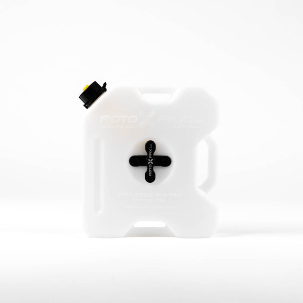 Image of RotopaX 1.75 gallon white water container with black cap and mounted black cross-shaped pack mount, front-facing view on white background.