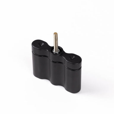 Image of black ergonomic mounting knob with threaded metal stud, wavy grip design, angled front view on white background.