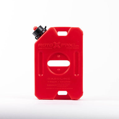 Image of RotopaX 1 Gallon Gasoline fuel container, red compact can with black spout cap and molded handle, front view on white background.