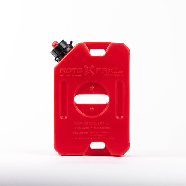 Image of RotopaX 1 Gallon Gasoline fuel container, red compact can with black spout cap and molded handle, front view on white background.