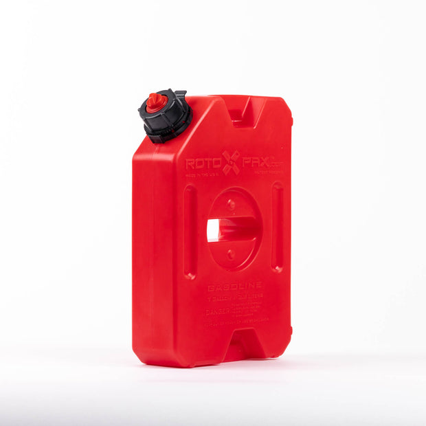 Image of RotopaX 1 Gallon Gasoline fuel container, red durable can with black twist spout and molded grip handle, angled front and side view on white background.