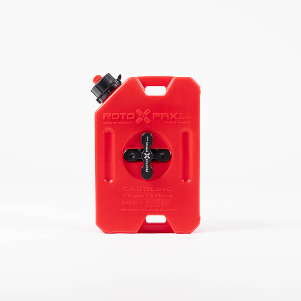 Image of RotopaX 1 Gallon Gasoline fuel container, red compact can with black mounting pack mount and spout cap, front view on white background.