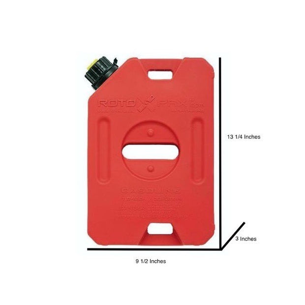 Image of RotopaX 1 Gallon Gasoline fuel container, red compact can with black spout cap and printed dimensions, front view on white background.