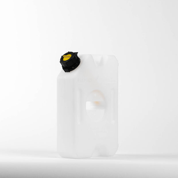 Image of RotopaX 1 Gallon Water container, white durable can with black cap and yellow spout insert, angled front and side view on white background.