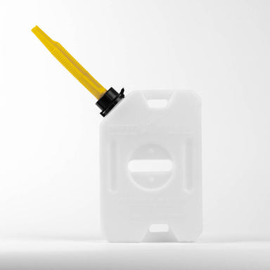Image of RotopaX 1 Gallon Water container, white compact can with extended yellow pour spout and black cap, front view on white background.