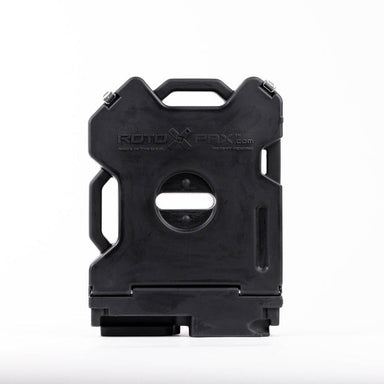 Black RotoPaX fuel can, front view, standing upright on a white background.