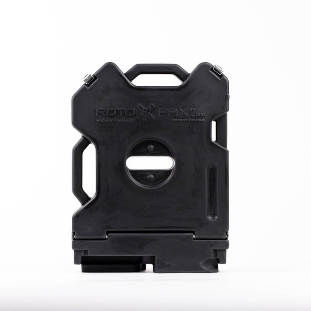 Black RotoPaX fuel can, front view, standing upright on a white background.