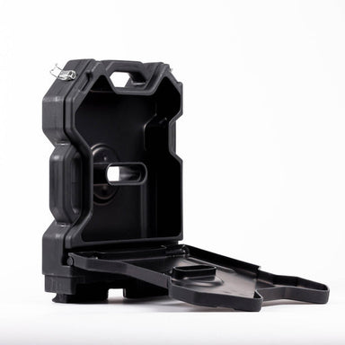 Black RotoPaX fuel can, open with the top part standing upright and the bottom part laid out to the side, angled front and side view on a white background.