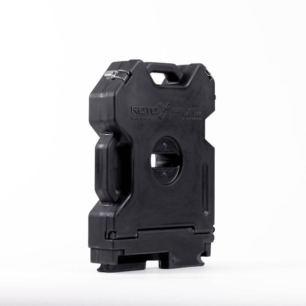Black RotoPaX fuel can, angled front and side view, standing upright on a white background.
