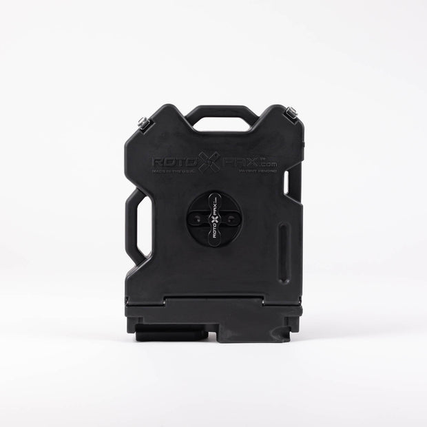 Black RotoPaX fuel can with a black RotoPaX mount in the center, front view, standing upright on a white background.