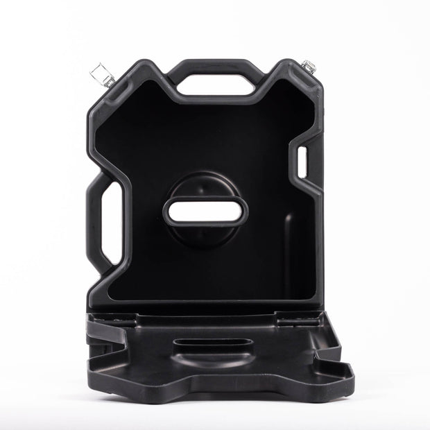 Black RotoPaX fuel can, open with the top part standing upright and the bottom part laid flat, front view on a white background.