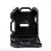 Black RotoPaX fuel can, open with the top part standing upright and the bottom part laid flat, front view on a white background.