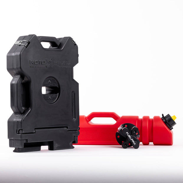 Black RotoPaX fuel can standing upright and a red FuelPaX fuel can lying horizontally with a black mount, front view on a white background.