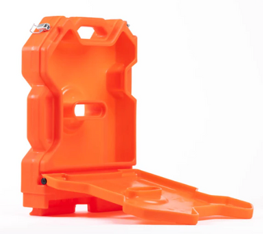 Image of an orange portable multi-purpose container with a side panel folded down to reveal a tray, angled front view on a white background.