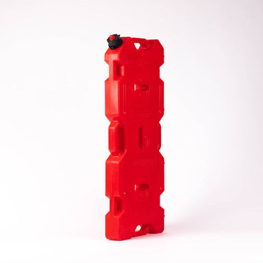 Long red RotoPaX gasoline can with a black spout, angled front and side view, standing upright on a white background.