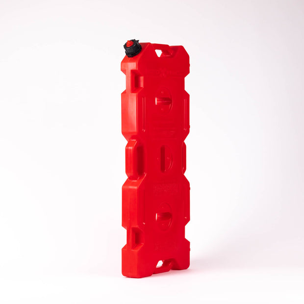 Long red RotoPaX gasoline can with a black spout, angled front and side view, standing upright on a white background.