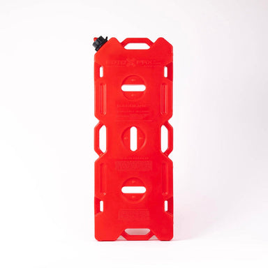 Long red RotoPaX gasoline can with a black spout, front view, standing upright on a white background.