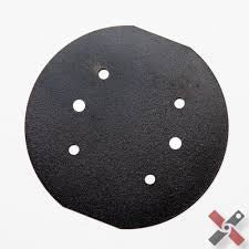 Image of RotopaX backing plate, round black textured mounting plate with multiple pre-drilled holes, top-down view on white background.