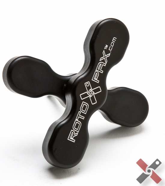 Image of RotopaX deluxe T-handle mounting knob, black metal four-arm design with RotopaX branding, angled view on white background.