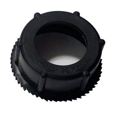 Image of RotopaX black replacement screw cap for fuel and water containers with textured grip edges, angled top view on white background.