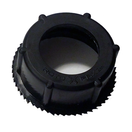 Image of RotopaX black replacement screw cap for fuel and water containers with textured grip edges, angled top view on white background.