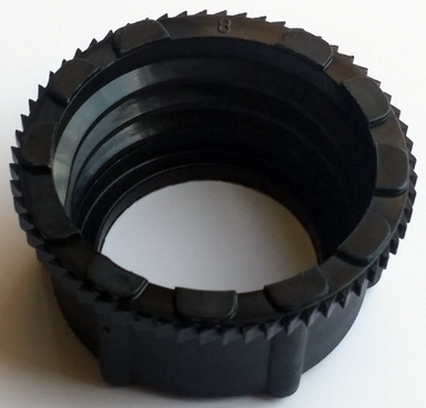 Image of RotopaX black replacement screw cap with internal threading and textured grip exterior, angled close-up view on white background.