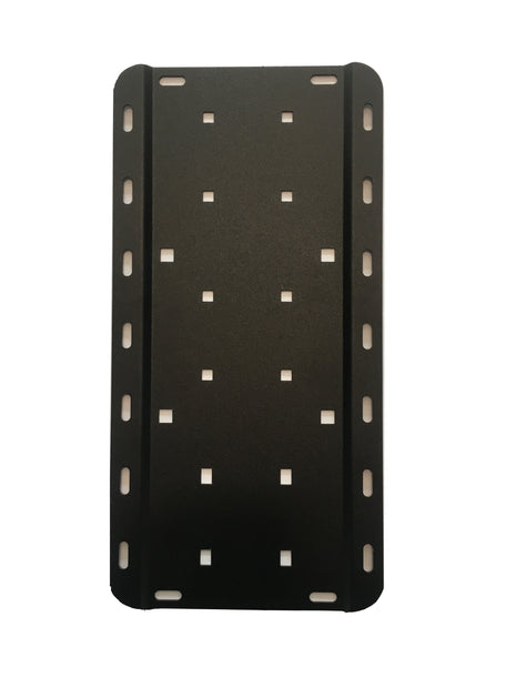 Image of RotopaX Fuelpax universal mounting plate in black steel with multiple slotted and square holes, front view on white background.
