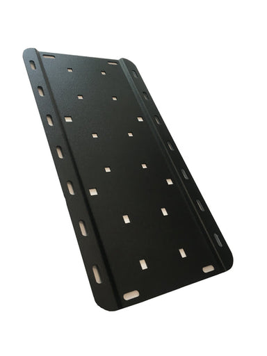 Image of RotopaX Fuelpax universal mounting plate in black steel with slotted and square mounting holes, angled front view on white background.