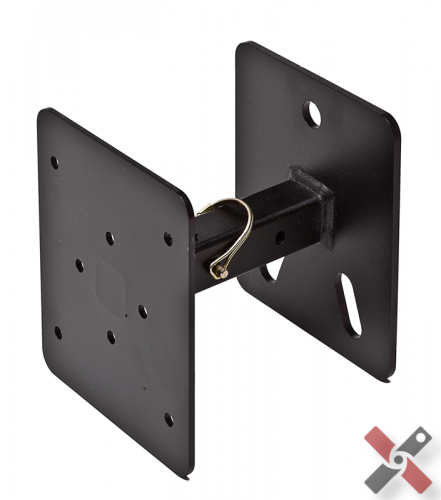 Image of RotopaX Jeep tire mount bracket, black metal mounting plates with central tube and retaining pin, angled view on white background.