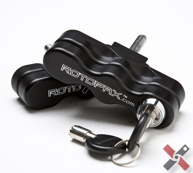 Image of RotopaX locking T-handle mount upgrade with black ergonomic grip, threaded bolt and key lock cylinder, angled close-up view on white background.