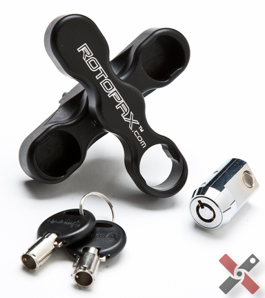 Image of RotopaX locking T-handle mount upgrade with black cross-style handle, removable lock cylinder and two keys, angled front view on white background.