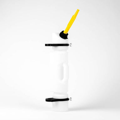 Image of a white 1.5-gallon Rotopax fuel can, equipped with a yellow spout and secured by two black aluminum mounting clamps, against a clean white background.