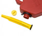 Image of RotopaX self-venting water spout with yellow flexible pour nozzle and cap next to red RotopaX container opening, close-up angled view on white background.