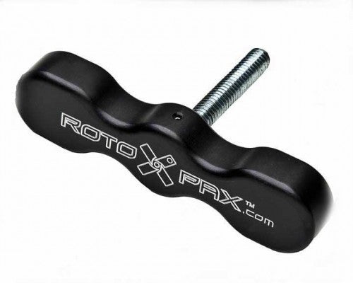 Image of a black RotopaX standard T-handle knob with threaded metal bolt, branded logo visible, angled front view isolated on a white background.