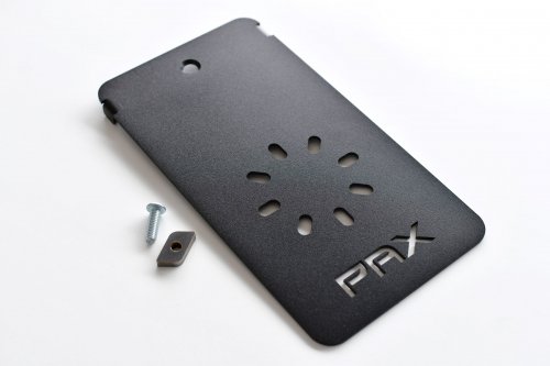 Image of RotopaX black bed rail mount plate with PRX cutout and included bolt hardware, angled top view on white background.