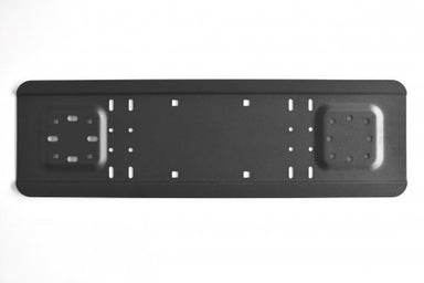 Image of RotopaX universal steel mounting plate in black with multiple slotted and pre-drilled holes, front view on white background.