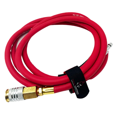 Image of Thor’s Lightning 8ft red extension hose with brass fittings and quick-connect coupler, coiled with black branded strap, front view on white background.