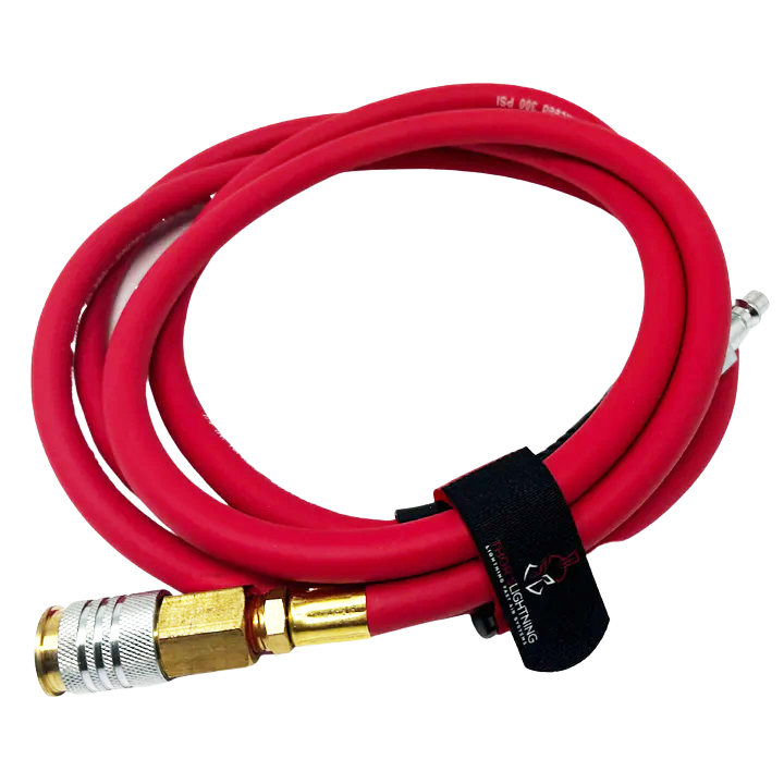 Image of Thor’s Lightning 8ft red extension hose with brass fittings and quick-connect coupler, coiled with black branded strap, front view on white background.